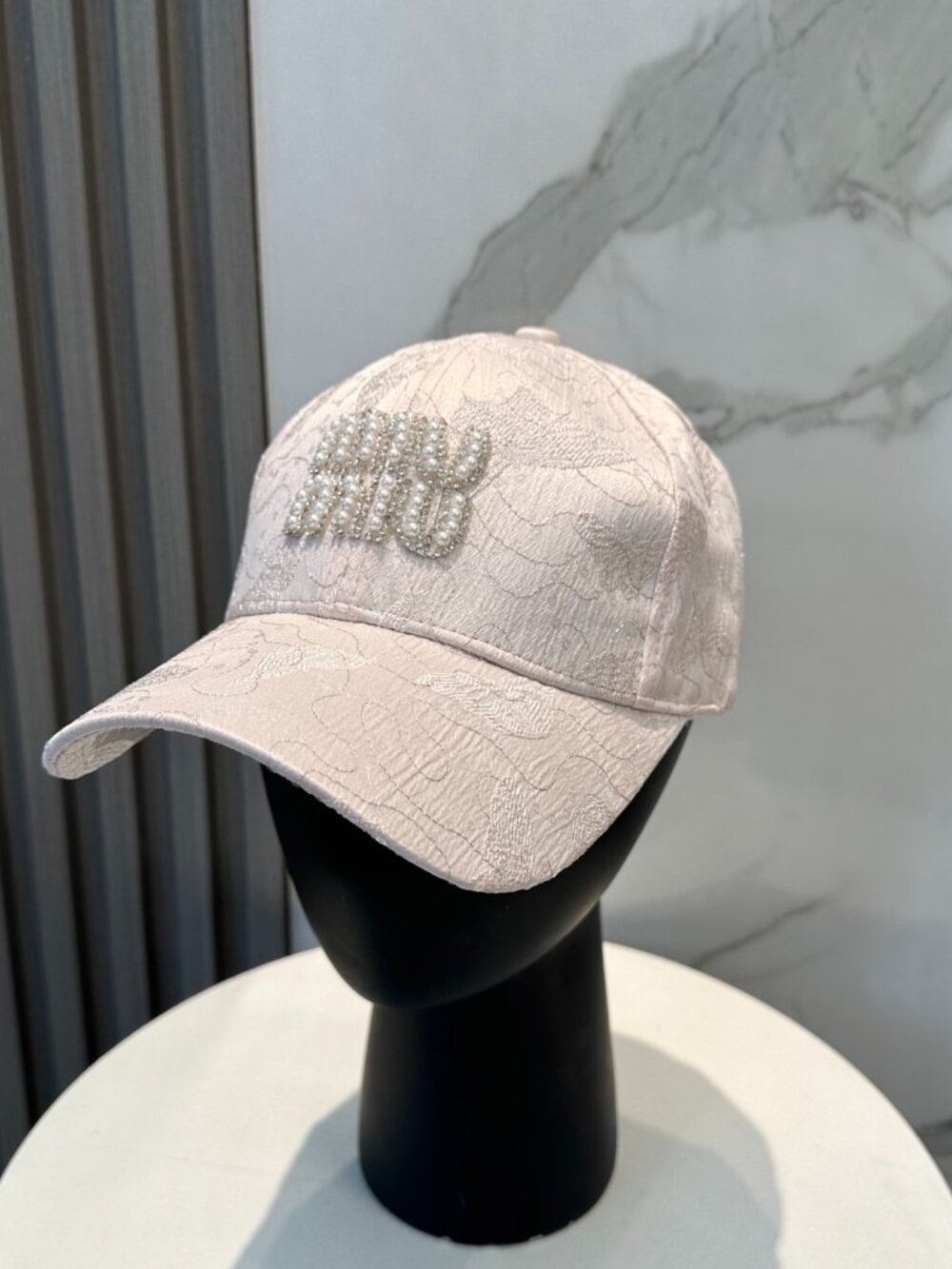Miu Miu Light Pink Embroidered Crystal Logo Baseball Cap